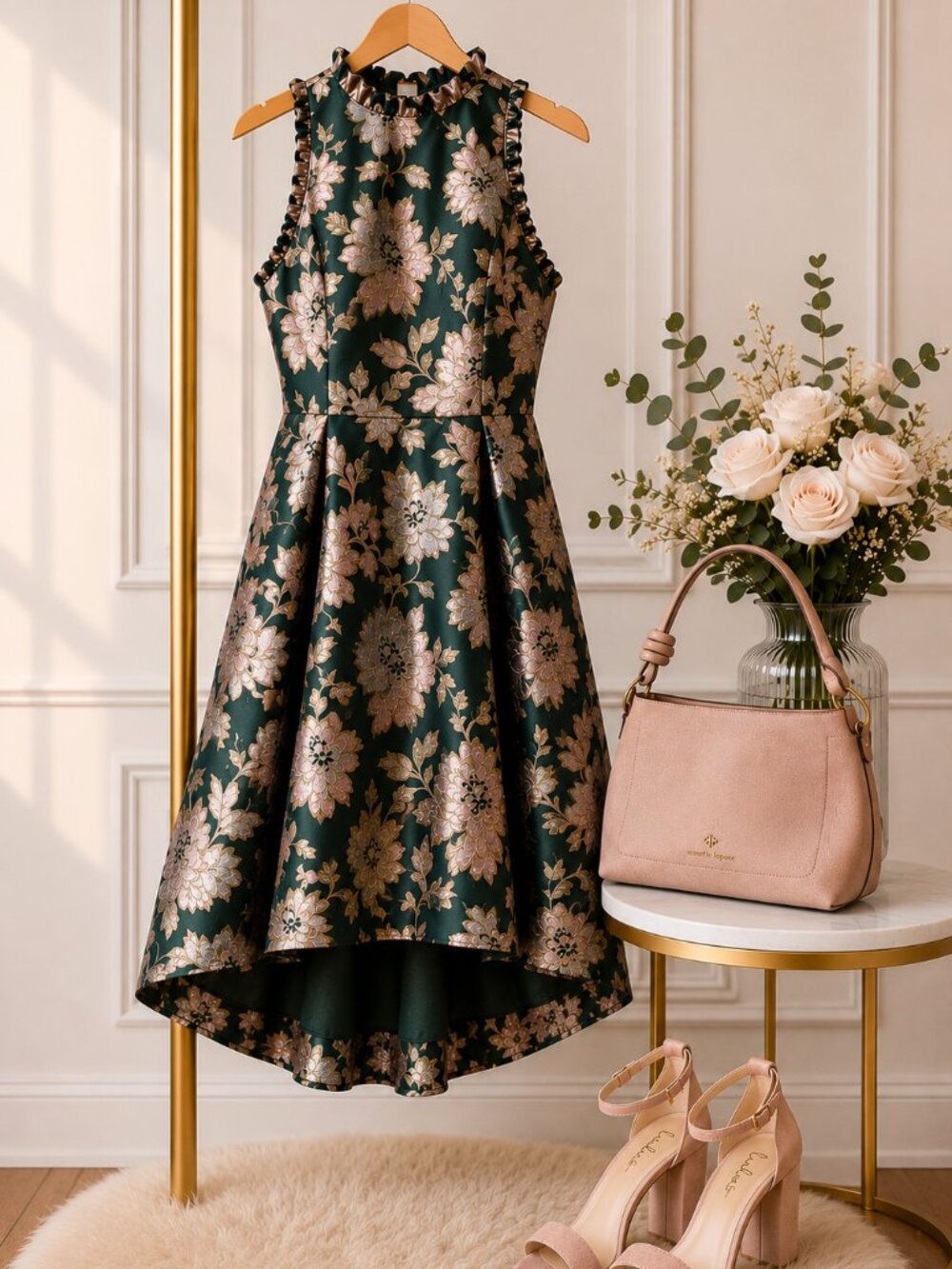 Adrianna Papell Metallic Floral Jacquard High Low w/Pockets Green Pink Size 12